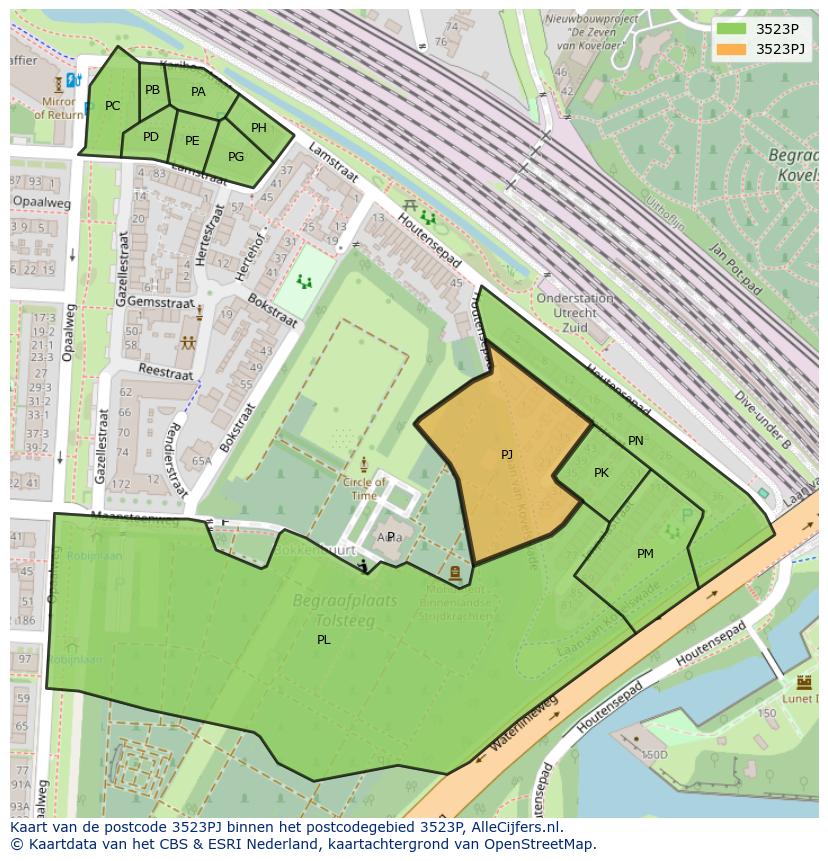Afbeelding van het postcodegebied 3523 PJ op de kaart.