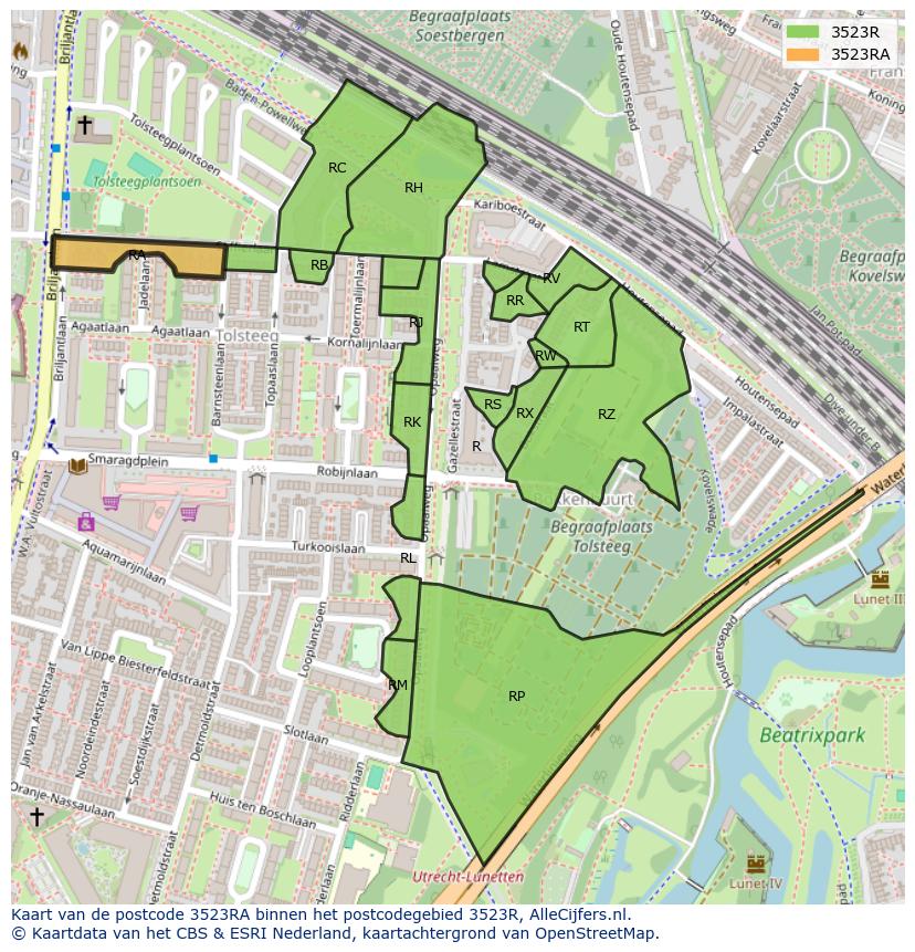 Afbeelding van het postcodegebied 3523 RA op de kaart.