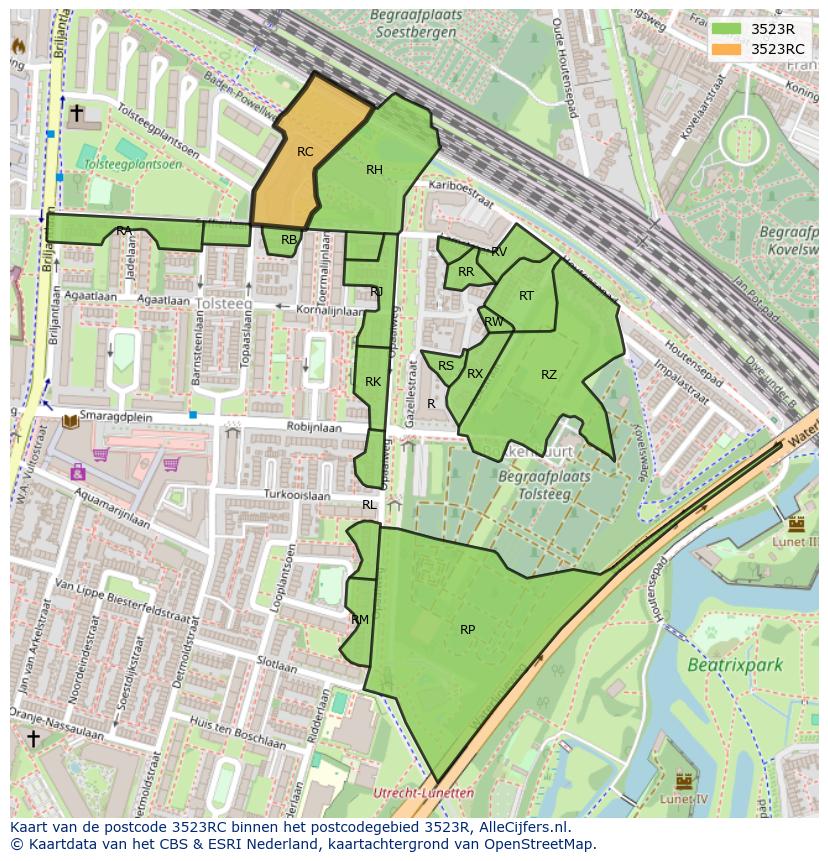 Afbeelding van het postcodegebied 3523 RC op de kaart.