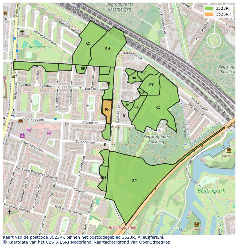 Afbeelding van het postcodegebied 3523 RK op de kaart.