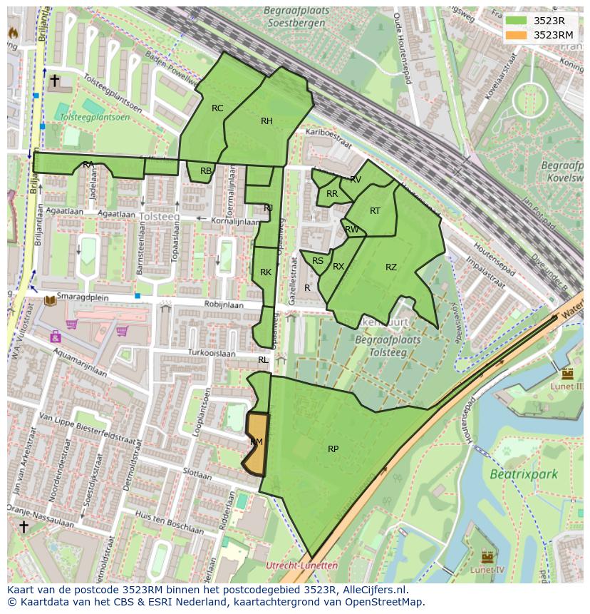Afbeelding van het postcodegebied 3523 RM op de kaart.