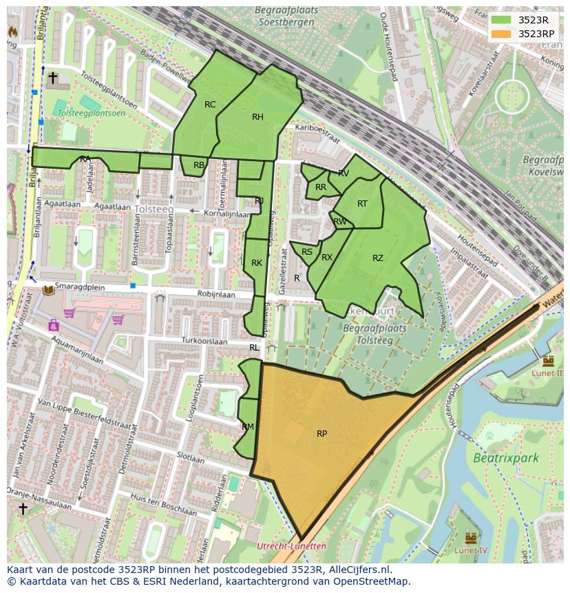 Afbeelding van het postcodegebied 3523 RP op de kaart.