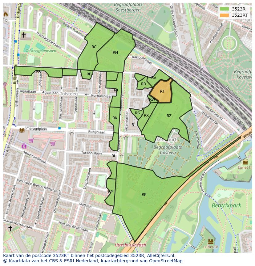 Afbeelding van het postcodegebied 3523 RT op de kaart.