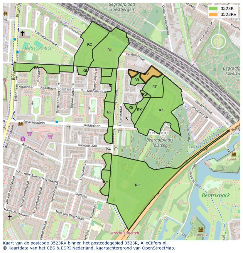 Afbeelding van het postcodegebied 3523 RV op de kaart.