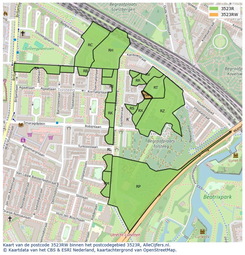 Afbeelding van het postcodegebied 3523 RW op de kaart.