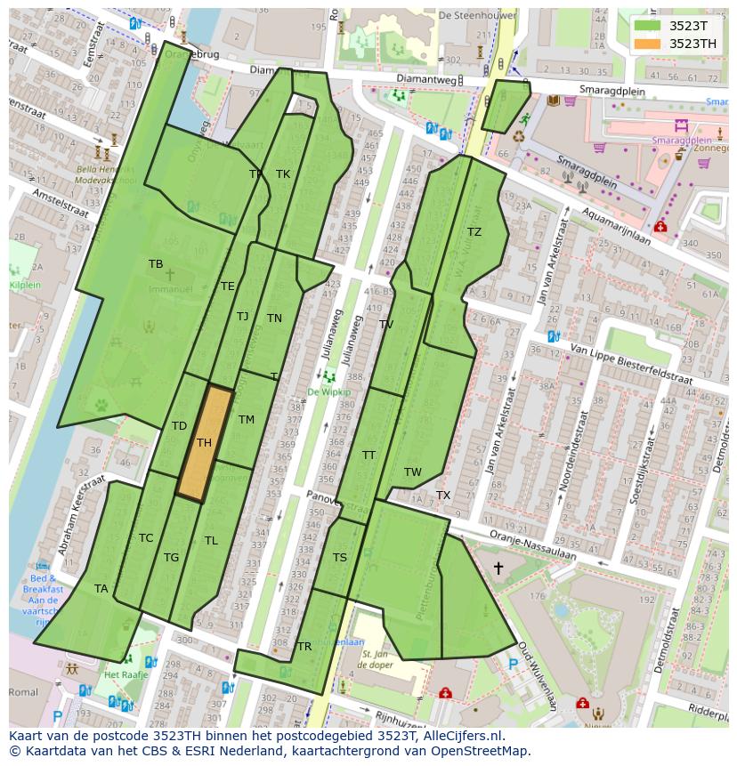 Afbeelding van het postcodegebied 3523 TH op de kaart.