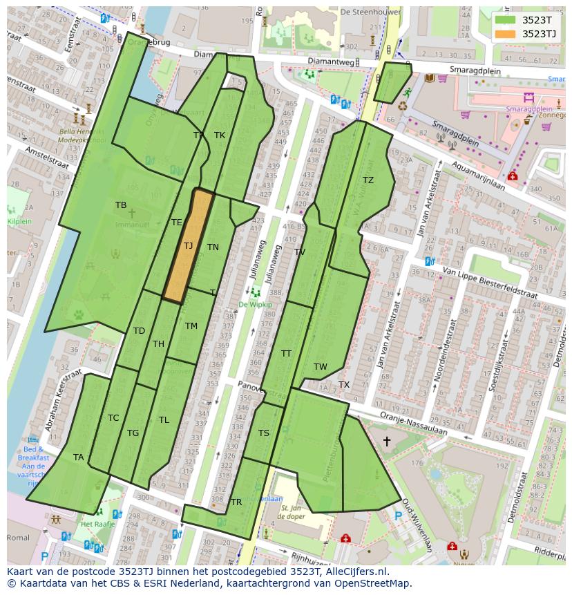 Afbeelding van het postcodegebied 3523 TJ op de kaart.