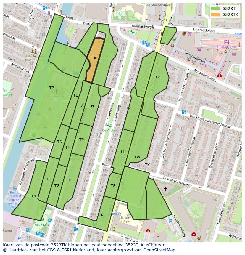 Afbeelding van het postcodegebied 3523 TK op de kaart.