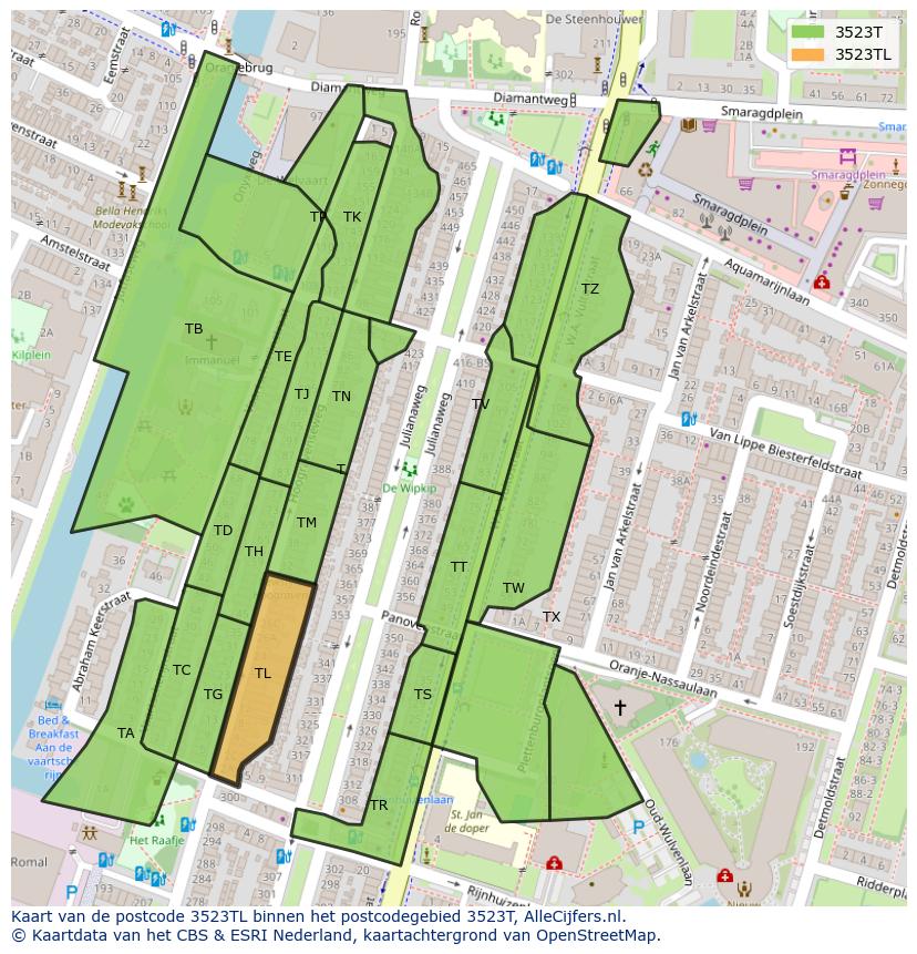 Afbeelding van het postcodegebied 3523 TL op de kaart.