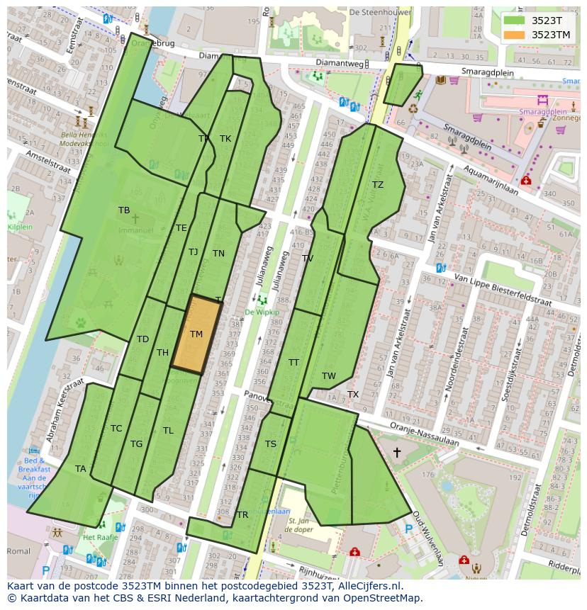 Afbeelding van het postcodegebied 3523 TM op de kaart.
