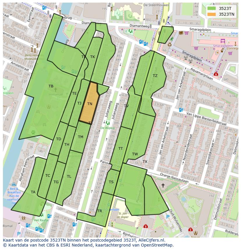 Afbeelding van het postcodegebied 3523 TN op de kaart.