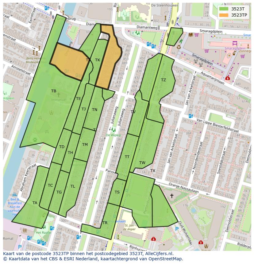 Afbeelding van het postcodegebied 3523 TP op de kaart.