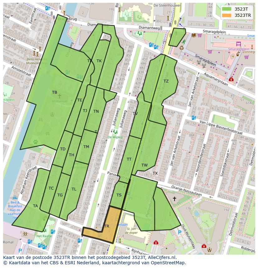 Afbeelding van het postcodegebied 3523 TR op de kaart.