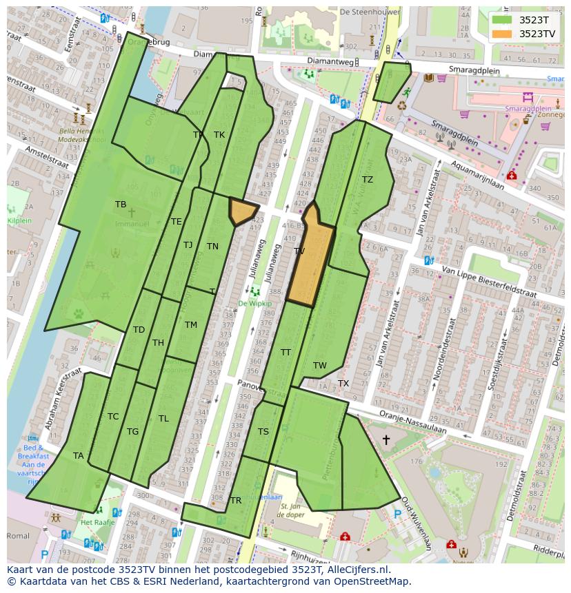 Afbeelding van het postcodegebied 3523 TV op de kaart.