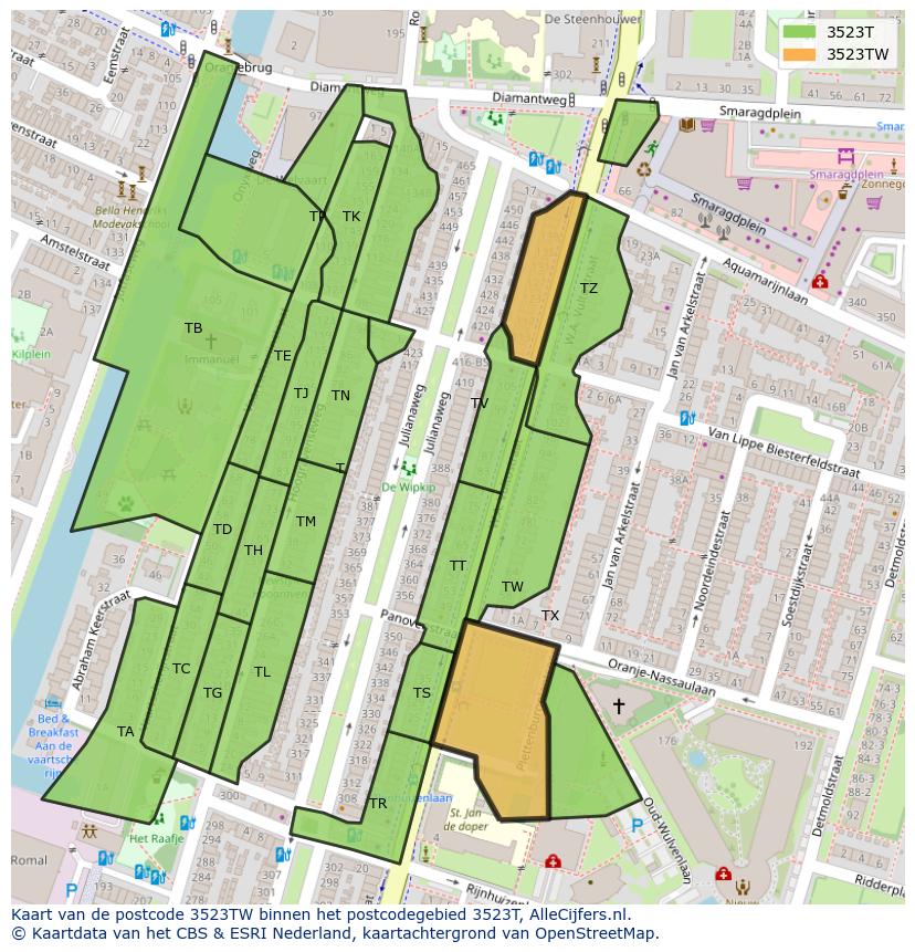 Afbeelding van het postcodegebied 3523 TW op de kaart.