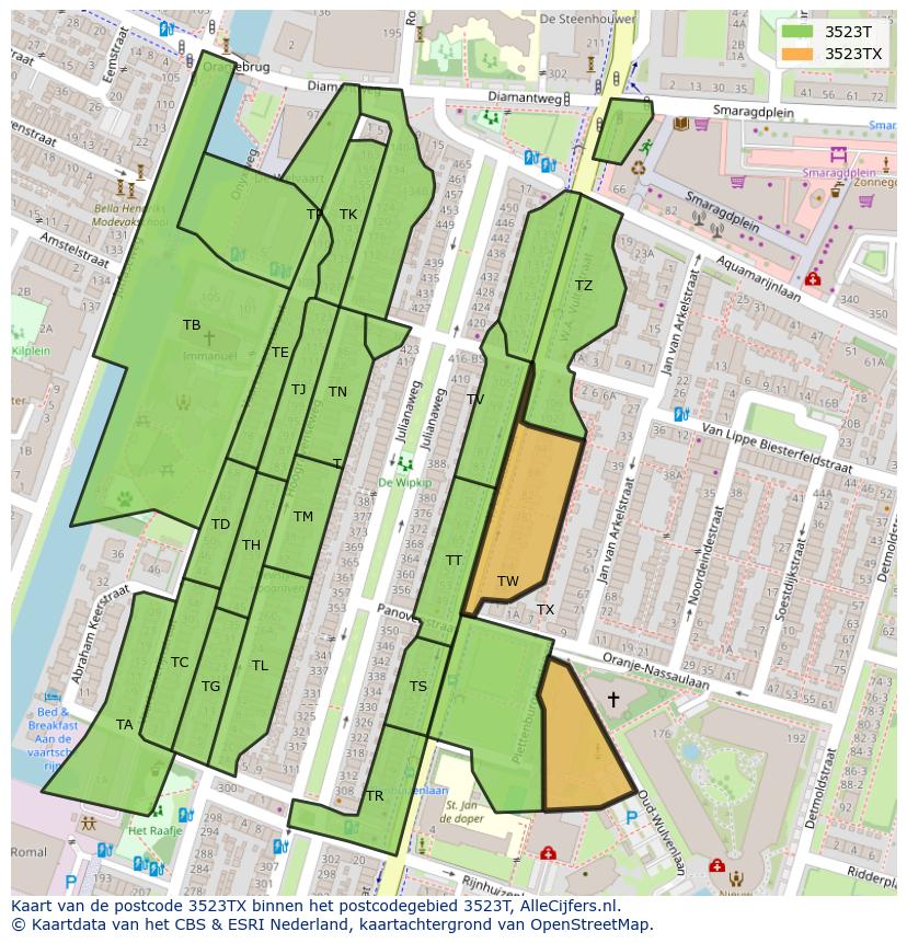 Afbeelding van het postcodegebied 3523 TX op de kaart.