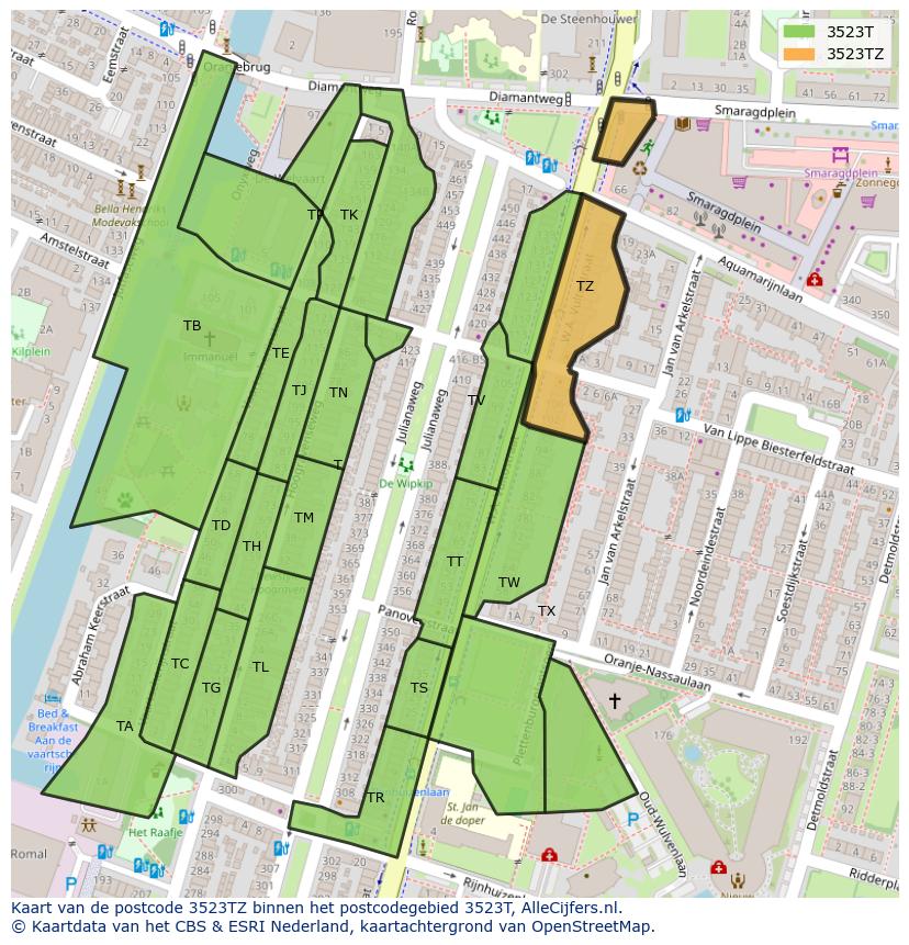 Afbeelding van het postcodegebied 3523 TZ op de kaart.
