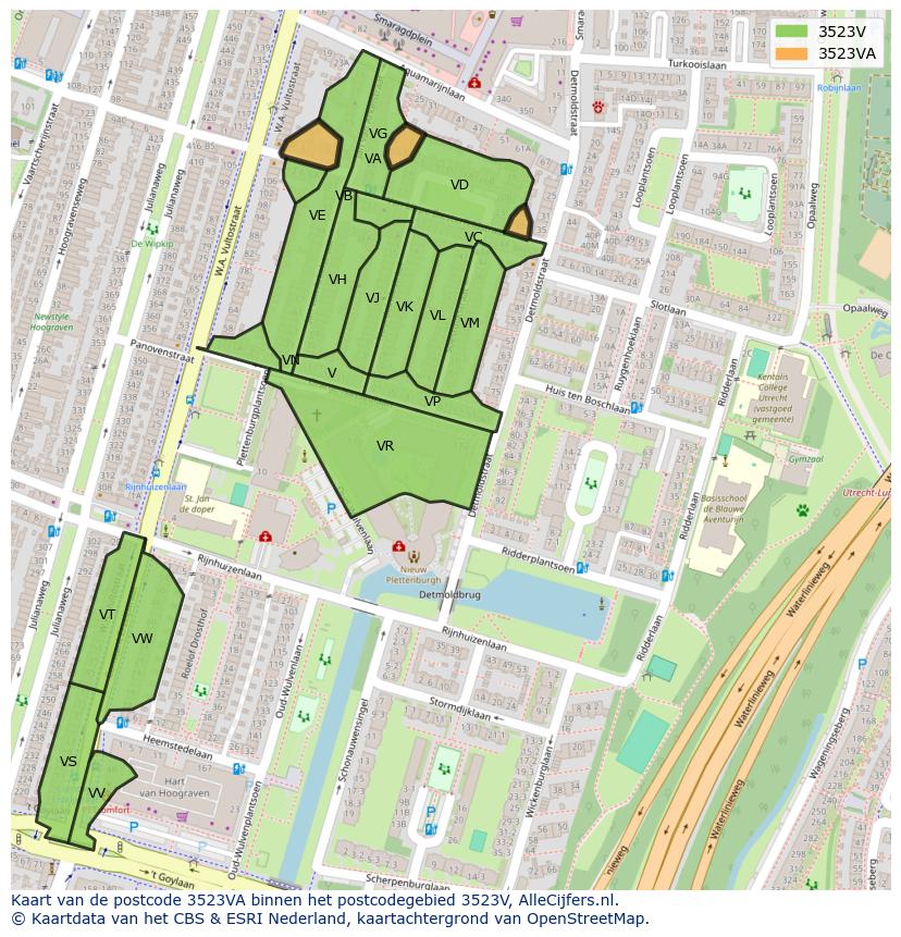 Afbeelding van het postcodegebied 3523 VA op de kaart.