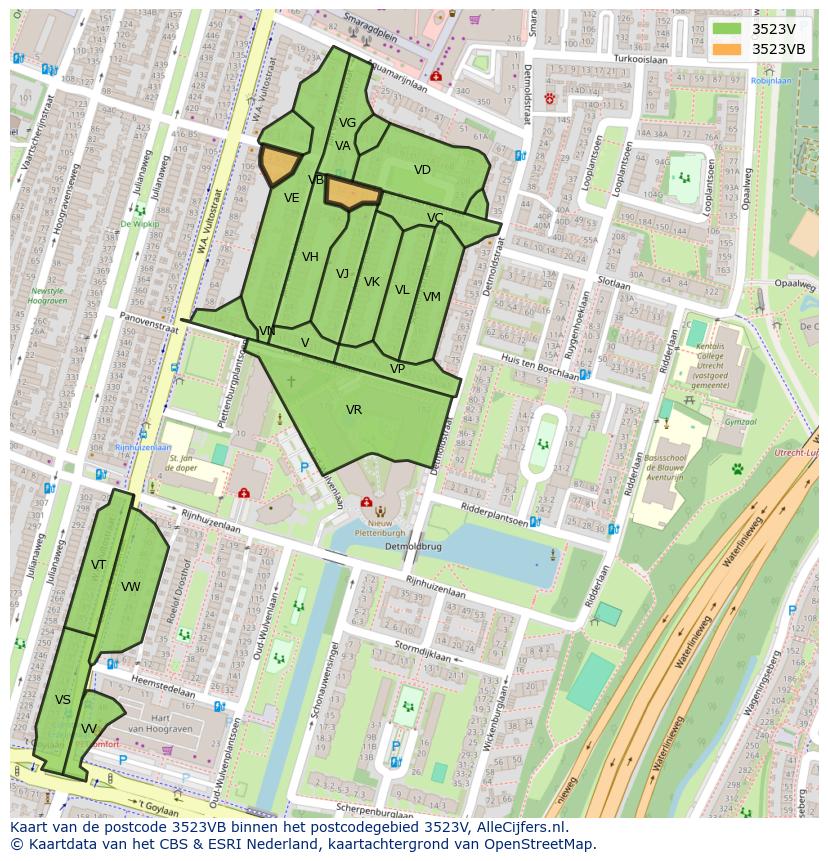 Afbeelding van het postcodegebied 3523 VB op de kaart.