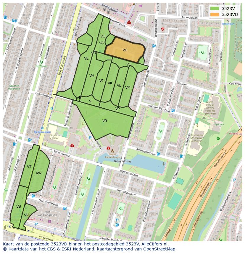 Afbeelding van het postcodegebied 3523 VD op de kaart.