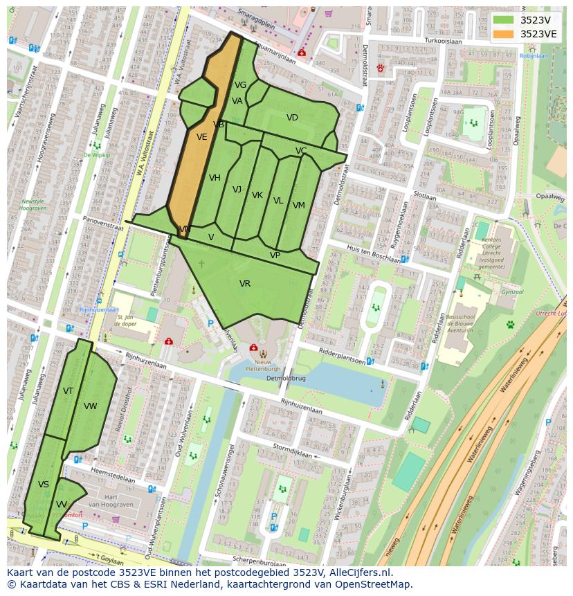 Afbeelding van het postcodegebied 3523 VE op de kaart.