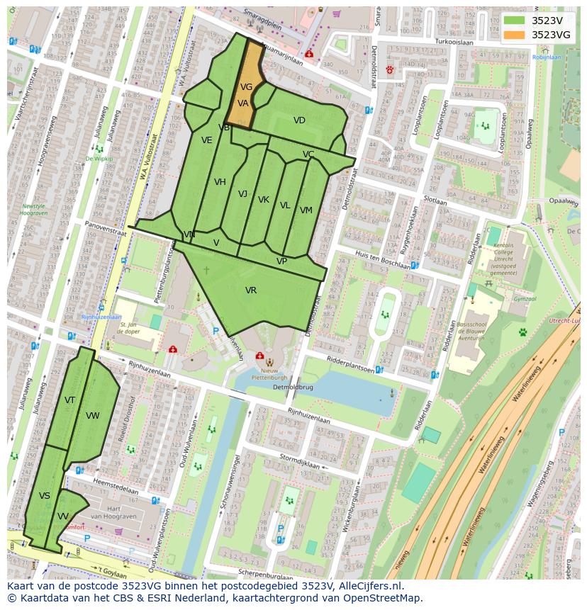 Afbeelding van het postcodegebied 3523 VG op de kaart.