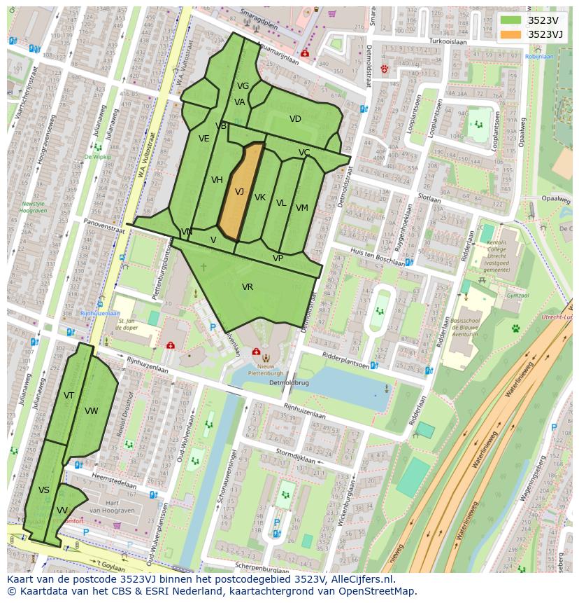 Afbeelding van het postcodegebied 3523 VJ op de kaart.