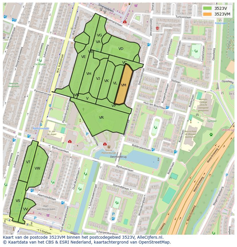 Afbeelding van het postcodegebied 3523 VM op de kaart.