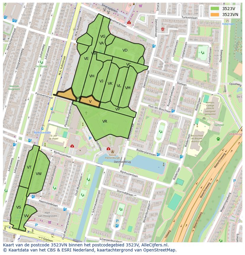 Afbeelding van het postcodegebied 3523 VN op de kaart.