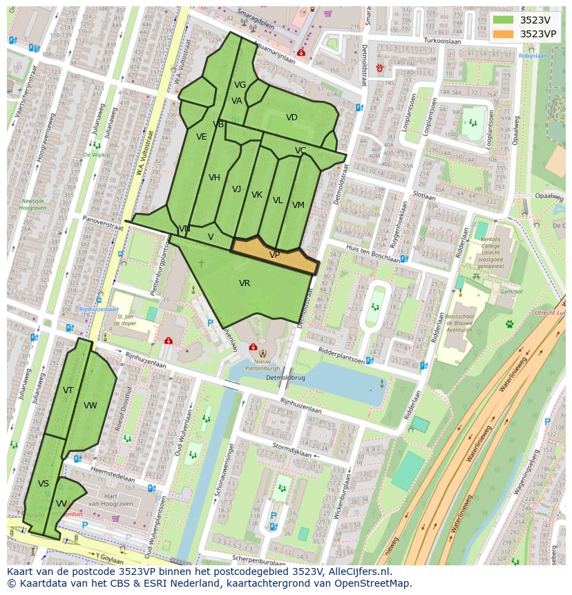Afbeelding van het postcodegebied 3523 VP op de kaart.