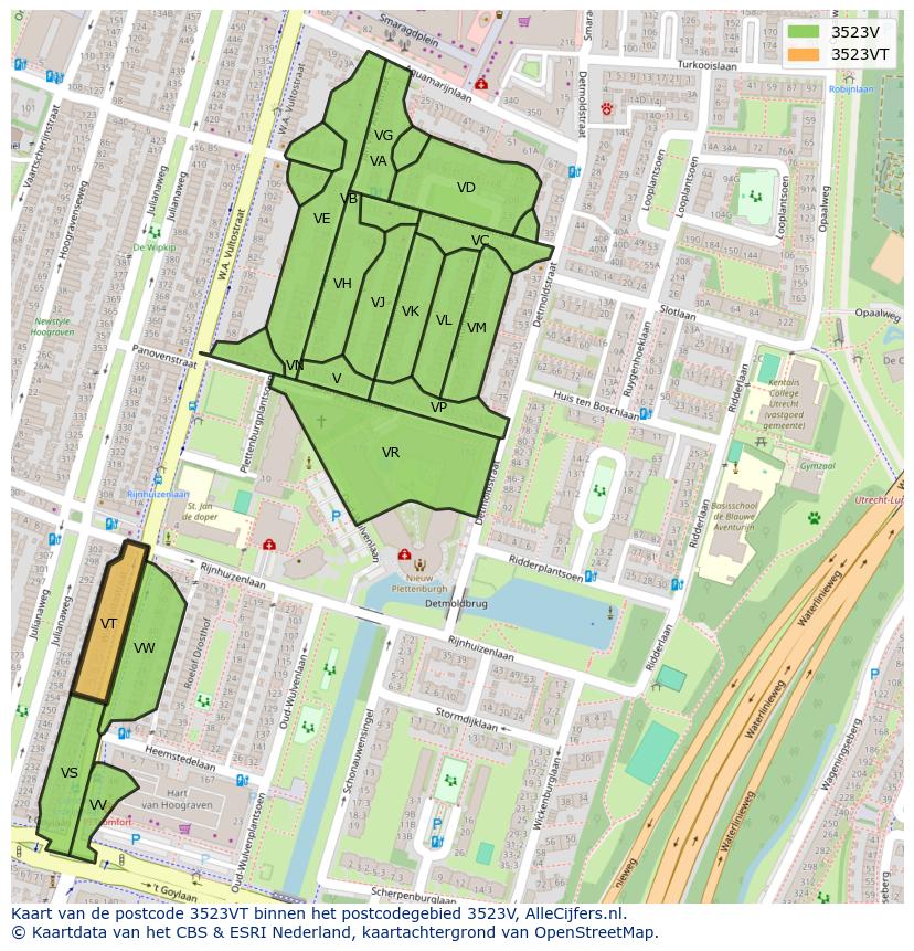 Afbeelding van het postcodegebied 3523 VT op de kaart.