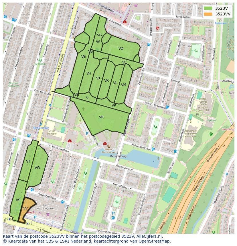 Afbeelding van het postcodegebied 3523 VV op de kaart.