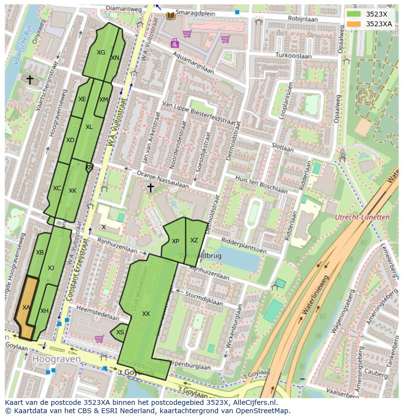 Afbeelding van het postcodegebied 3523 XA op de kaart.