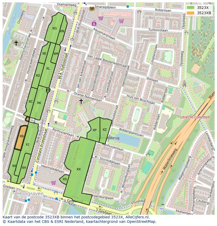 Afbeelding van het postcodegebied 3523 XB op de kaart.