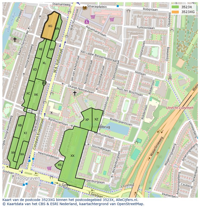 Afbeelding van het postcodegebied 3523 XG op de kaart.