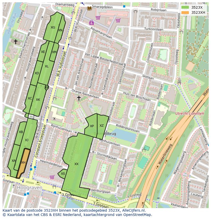 Afbeelding van het postcodegebied 3523 XH op de kaart.