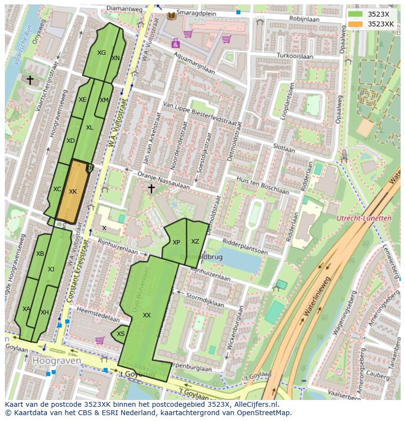 Afbeelding van het postcodegebied 3523 XK op de kaart.