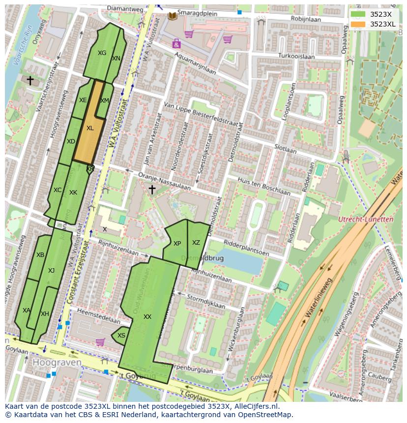 Afbeelding van het postcodegebied 3523 XL op de kaart.