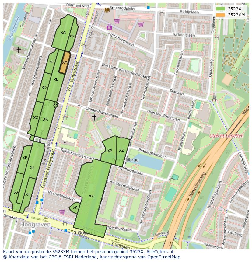 Afbeelding van het postcodegebied 3523 XM op de kaart.