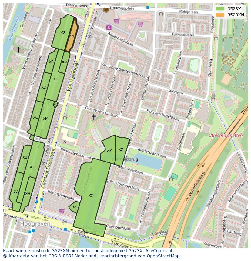 Afbeelding van het postcodegebied 3523 XN op de kaart.