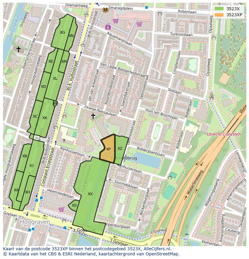 Afbeelding van het postcodegebied 3523 XP op de kaart.