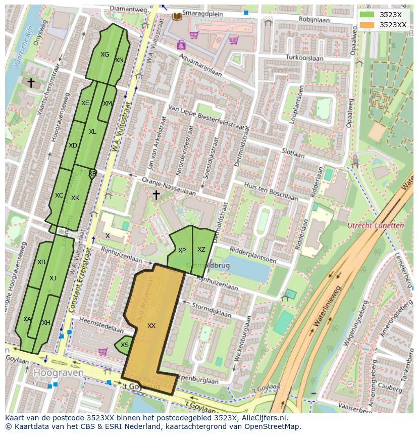 Afbeelding van het postcodegebied 3523 XX op de kaart.