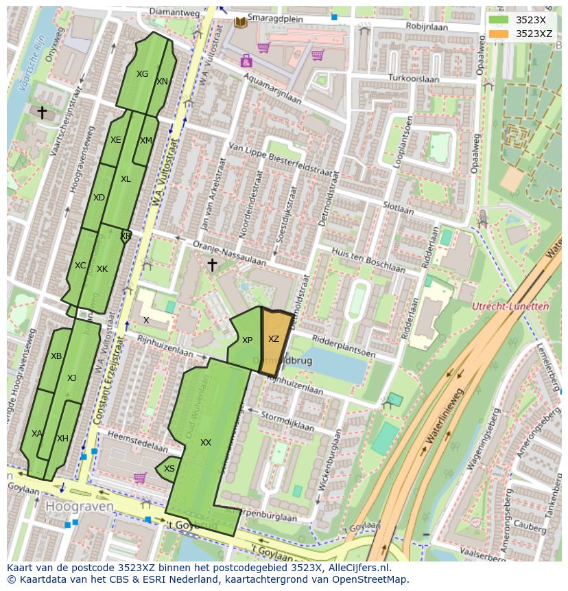 Afbeelding van het postcodegebied 3523 XZ op de kaart.