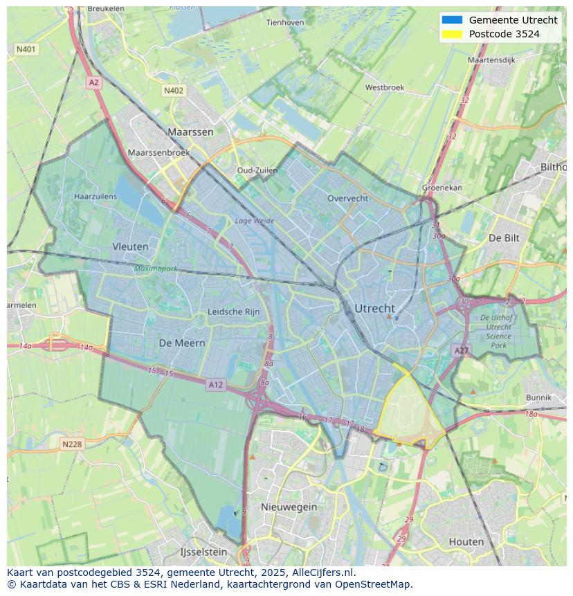 Afbeelding van het postcodegebied 3524 op de kaart.