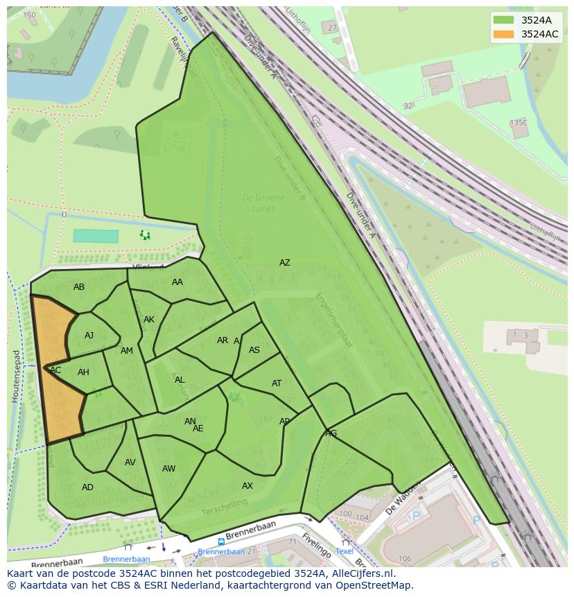 Afbeelding van het postcodegebied 3524 AC op de kaart.
