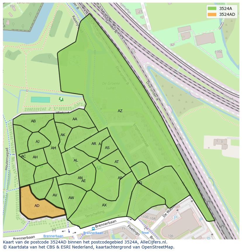 Afbeelding van het postcodegebied 3524 AD op de kaart.