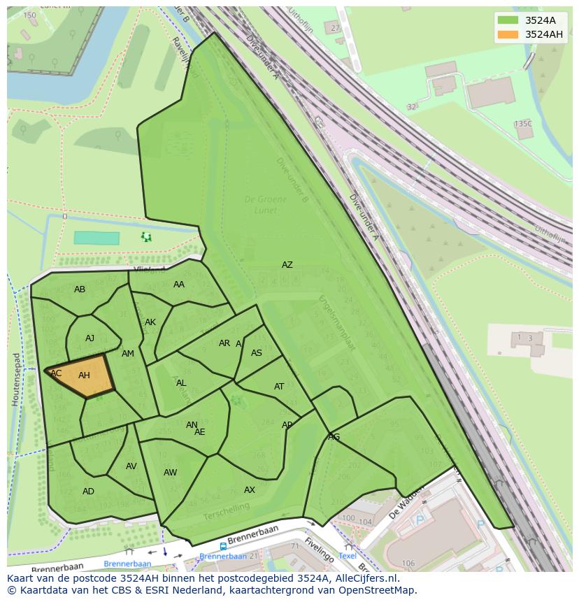 Afbeelding van het postcodegebied 3524 AH op de kaart.