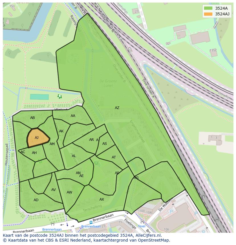 Afbeelding van het postcodegebied 3524 AJ op de kaart.