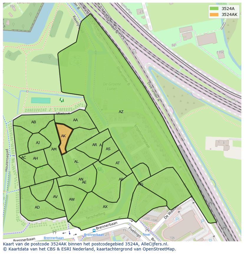 Afbeelding van het postcodegebied 3524 AK op de kaart.