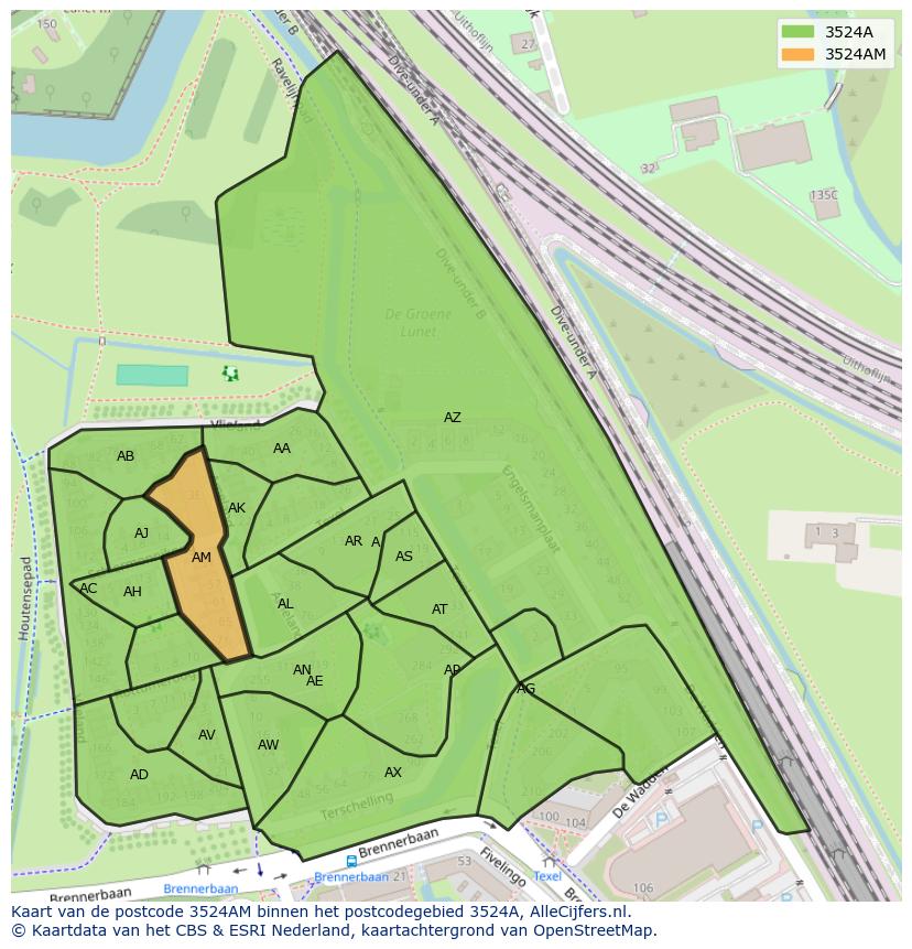Afbeelding van het postcodegebied 3524 AM op de kaart.